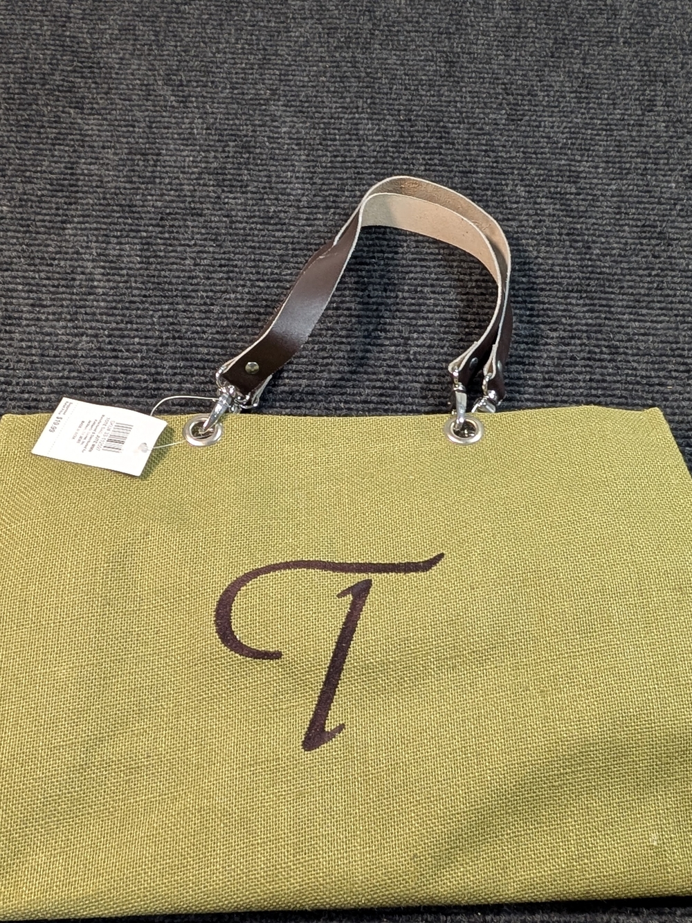 Kirkland's Khaki Green Jute Monogram Initial "T" Tote Bag (New with Tags)